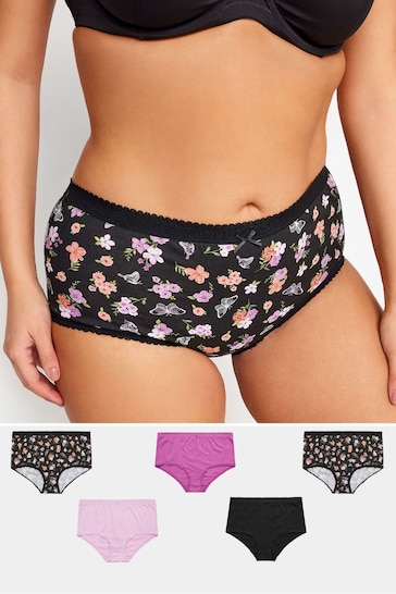 Yours Curve Pink 5 PACK Butterfly Design High Waisted Full Briefs
