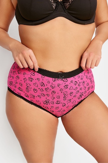 Yours Curve Pink 5 PACK Heart Design High Waisted Full Briefs