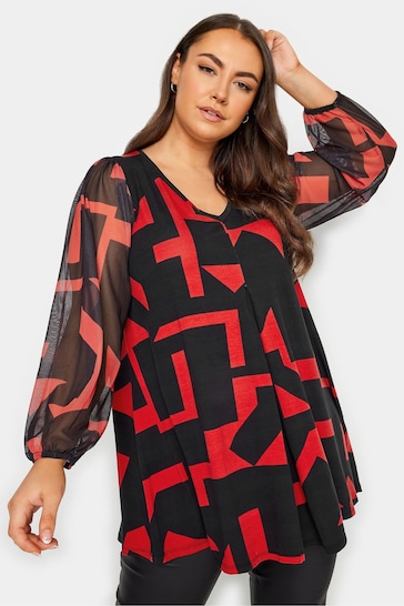 Yours Curve Red Mesh Sleeve Pleated Swing Top
