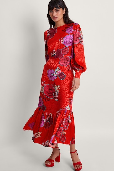 Monsoon Red Esme Floral Tea Dress