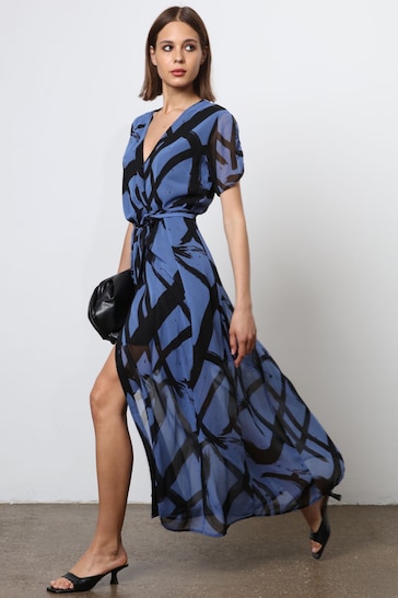 Religion Blue The Dusk Wrap Dress With Cap Sleeve in Abstract Print