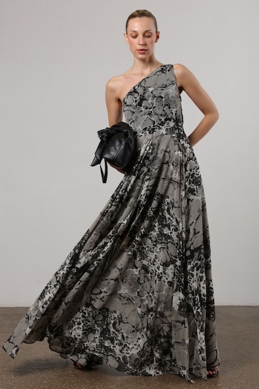 Religion Grey One Shoulder Maxi Dress With Full Floaty Skirt