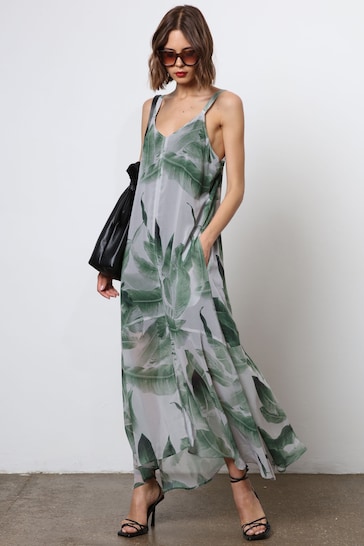 Religion Green Maxi Slip Dress With Adjustable Straps in Botanic Print