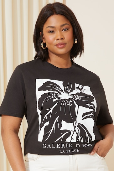 Curves Like These Black Floral Short Sleeve Graphic T-Shirt