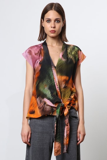 Religion Orange Cap Sleeve Top With Tie Front Detail in Bright Print