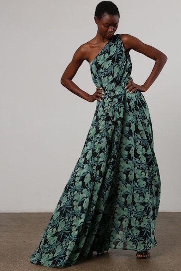 Religion Green One Shoulder Maxi Dress With Full Floaty Skirt