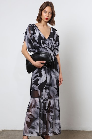 Religion Black Maxi Dress With Tiered Skirt in Beautiful Prints