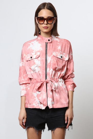 Religion Pink Utility Style Jacket With Patch Pockets and Belt in Tie Dye