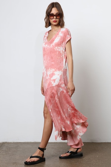 Religion Pink V-Neck Maxi Dress With Cap Sleeves in Pink Tie Dye