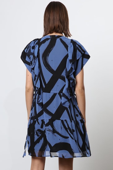 Religion Blue Spark Mini Dress With Tiered Skirt in Abstract Print