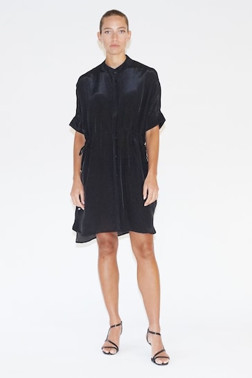Religion Black Loose Fitting Tunic Shirt Dress With Tie Waist