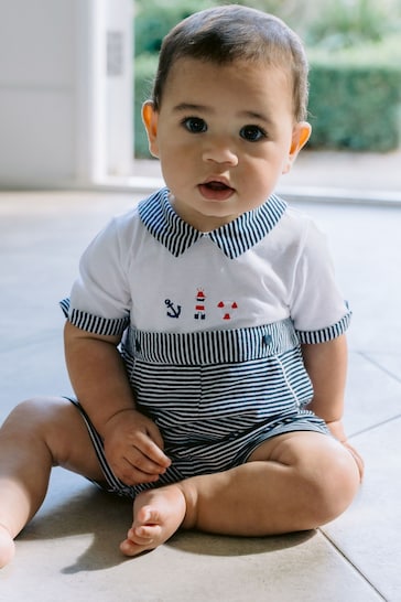 Emile et Rose Blue Jersey Romper with striped lower, nautical emb