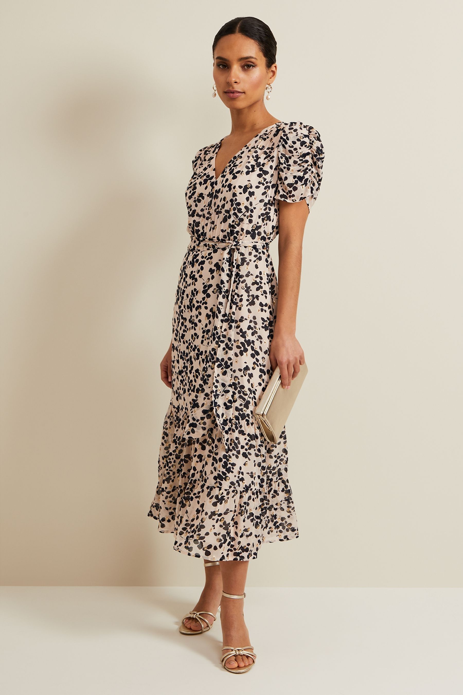 Black midi shop dress with flowers