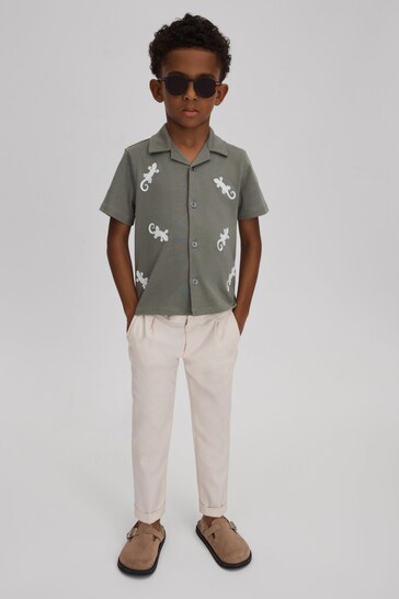Reiss Sage/White Thar Senior Cotton Reptile Patch Cuban Collar Shirt