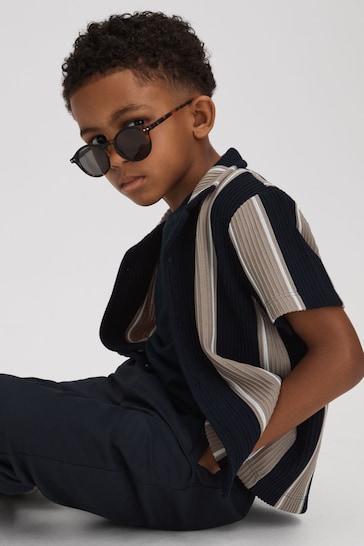 Reiss Navy/Stone Alton Junior Ribbed Cuban Collar Shirt