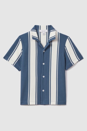 Reiss Airforce Blue/White Alton Junior Ribbed Cuban Collar Shirt