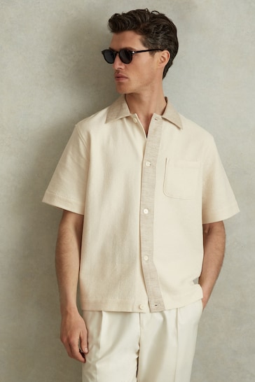 Reiss Ecru Sicily Textured Cotton Blend Contrast Shirt