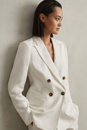 Reiss White Lori Viscose-Linen Double Breasted Suit Blazer