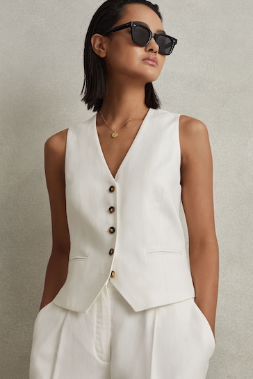 Reiss White Lori Viscose Linen Single Breasted Suit Waistcoat