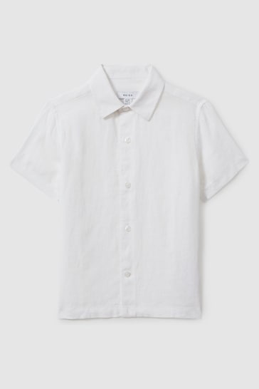Reiss White Holiday Junior Short Sleeve Linen Shirt