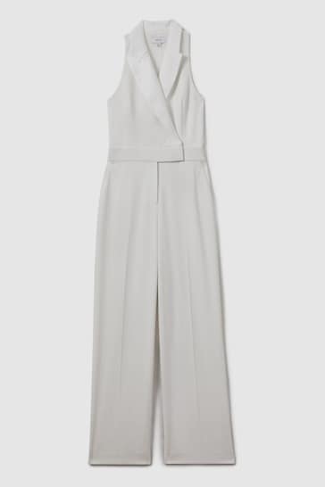 Reiss White Lainey Double Breasted Satin Tux Jumpsuit