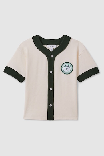 Reiss Ecru/Green Ark Junior Textured Cotton Baseball Shirt
