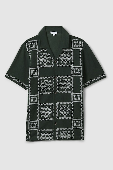 Reiss Green/Ecru Cosmos Textured Embroidered Cuban Collar Shirt