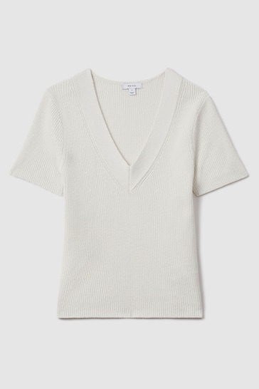 Reiss Ivory Rosie Cotton Blend Knitted V-Neck Top