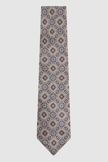 Reiss Grey Multi Assisi Silk Medallion Print Tie