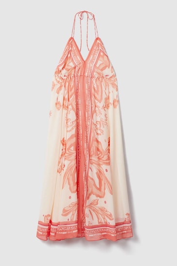 Reiss Coral Delilah Printed Ruched Waist Midi Dress