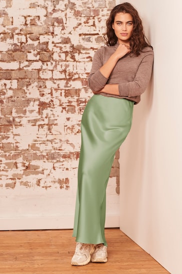 Khaki Green Tailored Satin Midi Skirt