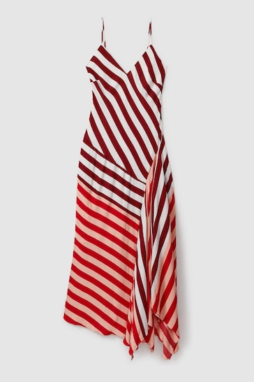 Reiss Burgundy/Off White Holly Colourblock Stripe Asymmetric Midi Dress