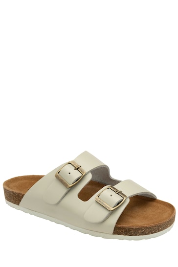 Dunlop White Ladies Twin Buckle Footbed Mules