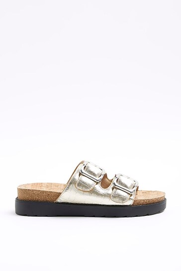 River Island Gold Double Buckle Sandals