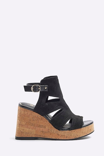 River Island Black Wide Fit Cut-Out Wedge Shoes Boots