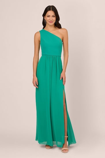 Adrianna Papell Green One Shoulder Chiffon Gown