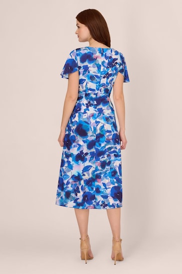 Adrianna Papell Blue Printed Chiffon Midi Dress