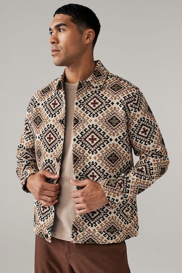 Ecru/Red Aztec Style Tapestry Shacket Overshirt