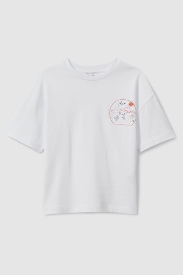 Reiss Optic White/Orange Monte Junior Cotton Crew Neck Motif T-Shirt