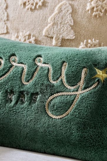 Dark Green Merry Christmas Embroidered Faux Fur Cushion