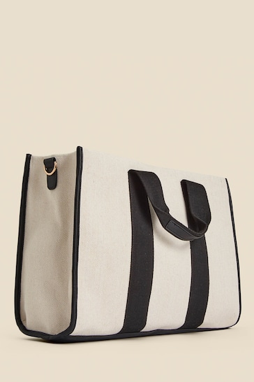 Sosandar Cream Canvas Sports Stripe Tote Bag