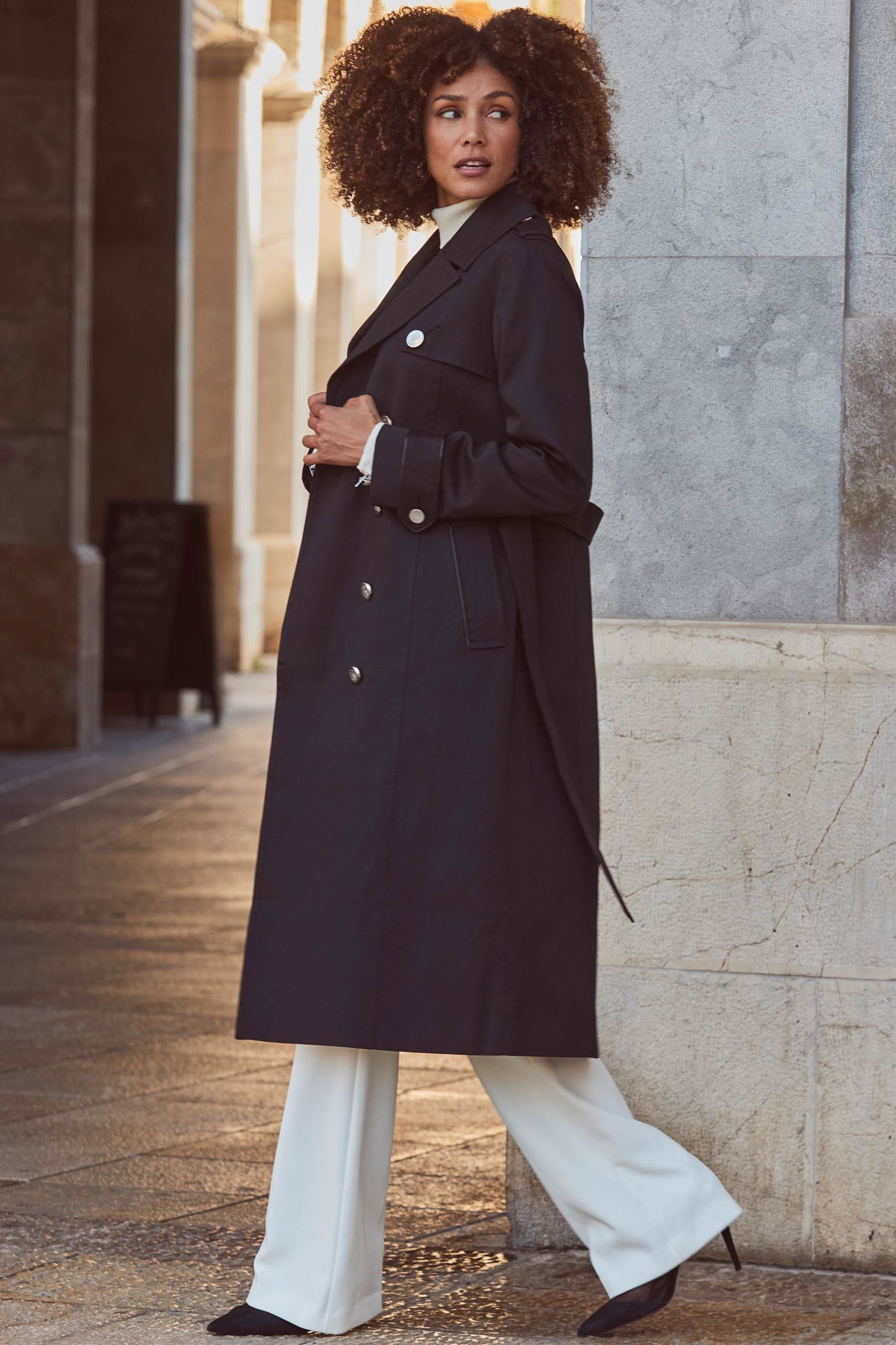 Black longline trench coat clearance