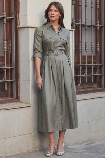 Sosandar Green Full Skirt Midi Cotton Shirt Dress