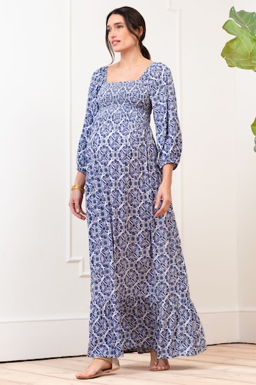 Seraphine Blue Crepe Shirred Bodice Maxi Dress