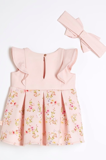 River Island Pink Baby Girls Floral Scuba Dress Set