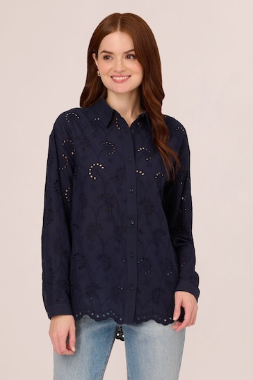 Adrianna Papell Blue Eyelet Button Front Tunic Shirt