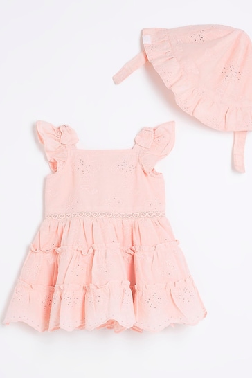 River Island Pink Baby Girls Broiderie Dress and Hat Set