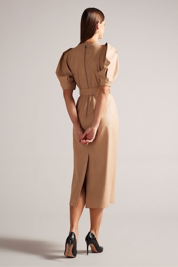 Ted Baker Brown Puff Sleeve Midi Brow Palowma Dress With Belt