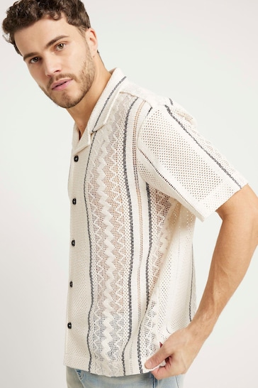 River Island White Regular Fit Stripe Crochet Revere Shirt