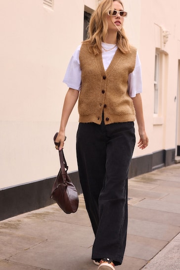 Camel Button Front Knitted Waistcoat